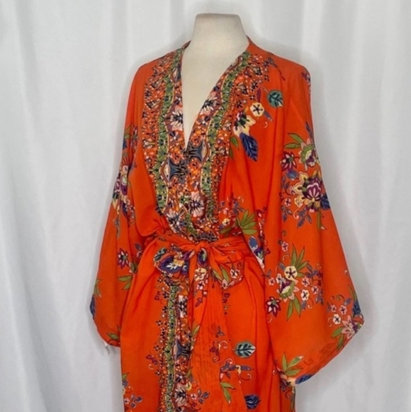 Anthropologie Emmanuel Maxi Dress Kimono Robe Boho Floral Bohemian Orange 1X - Picture 7 of 14